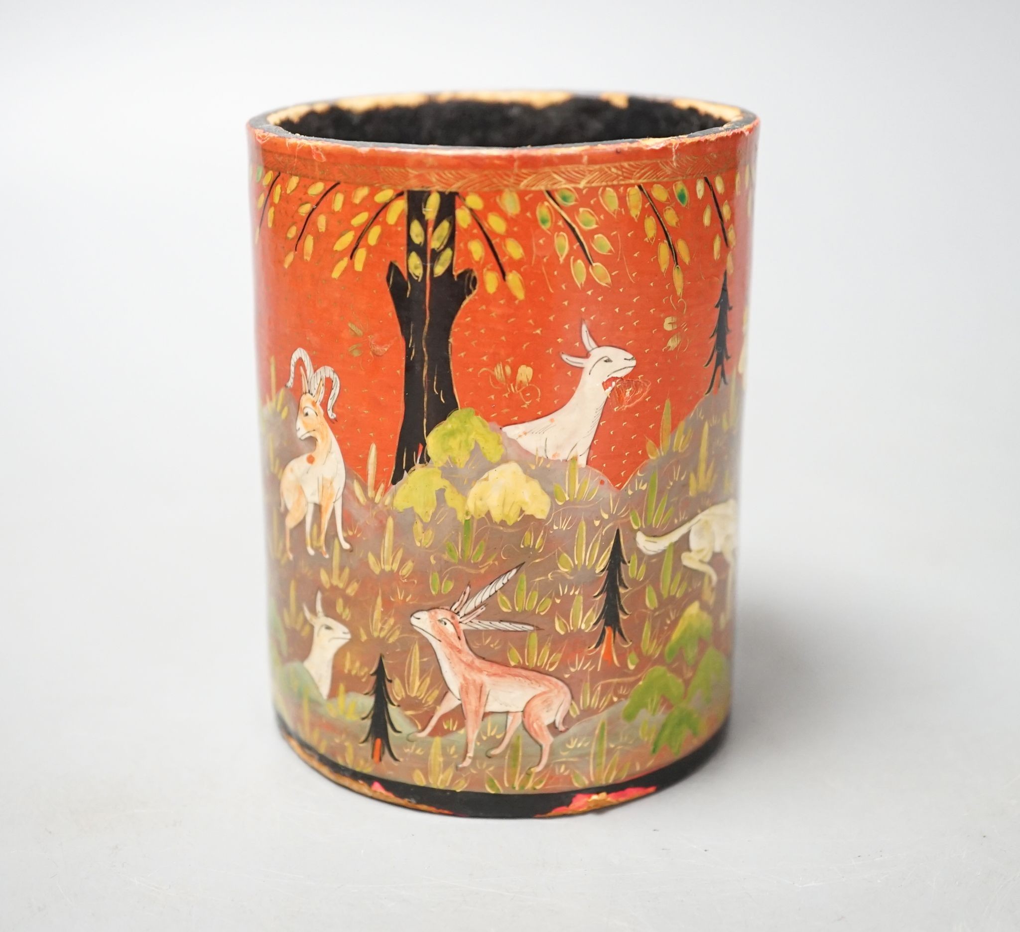 A Persian lacquer wood brush pot decorated with tigers hunting prey 10.5cm